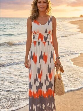 Maeve Ikat Print V-Neck Maxi Dress in Orange, Gray & Cream